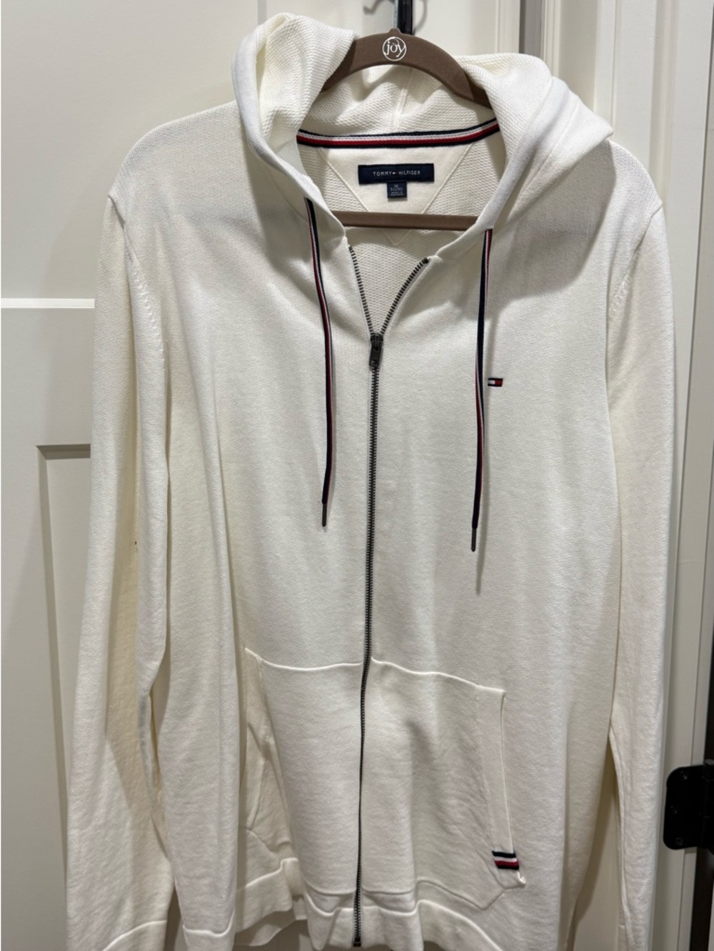 Tommy Hilfiger Men's Cream Full-Zip Hoodie with Signature Trim